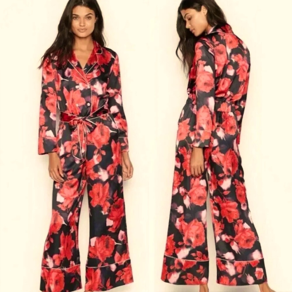 NWT Victoria Secret Luxe Satin One Piece‎ Jumpsuit Romper Pajama Rose Floral